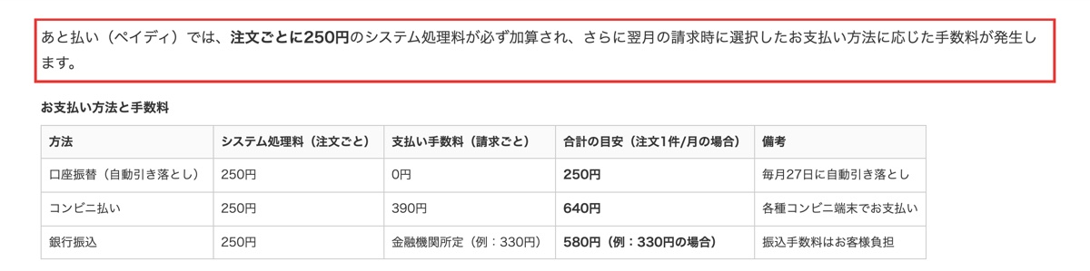 公式サイトに載っているあと払い（ペイディ）の手数料一覧