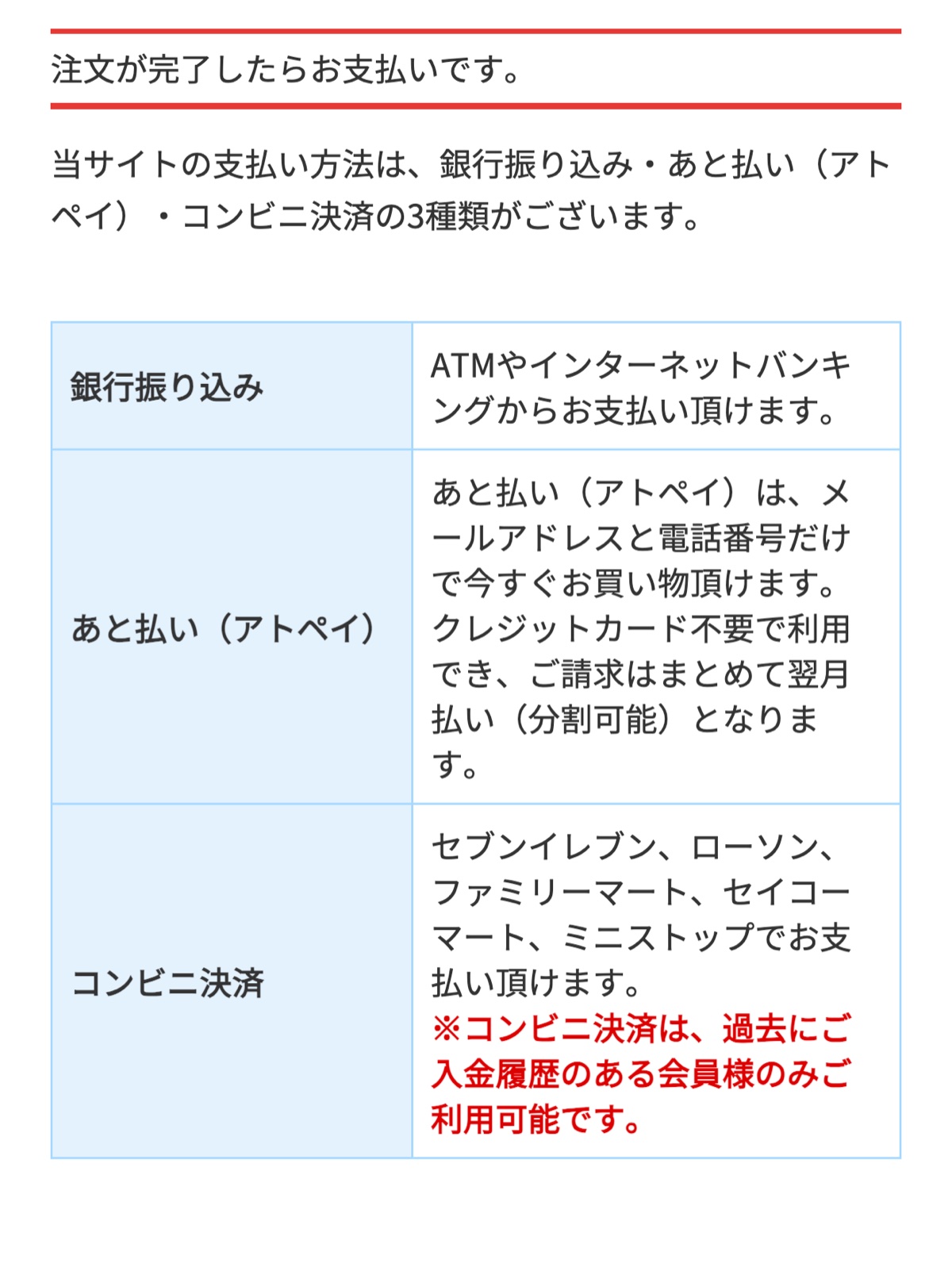 公式サイト「ご利用ガイド」の支払い方法の説明文のスクリーンショット