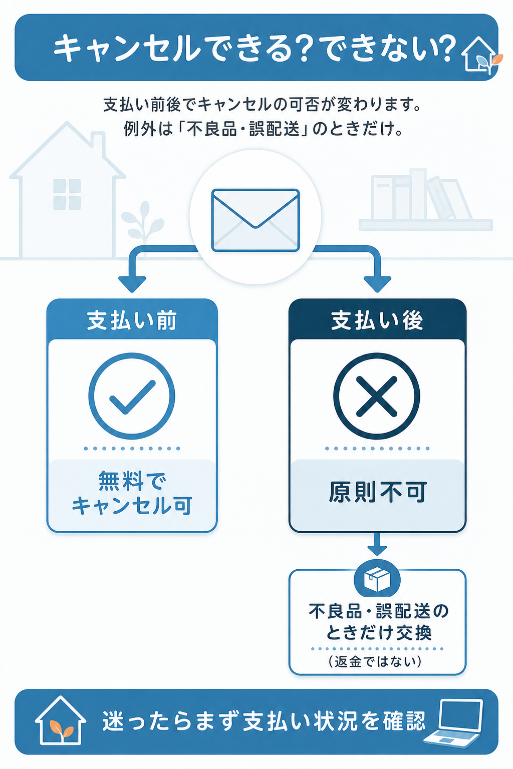 図解：支払い後にキャンセルできない理由と不良品時の交換手順