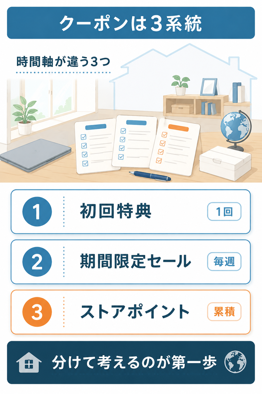クーポンの3系統を時間軸の違いで並べた図解