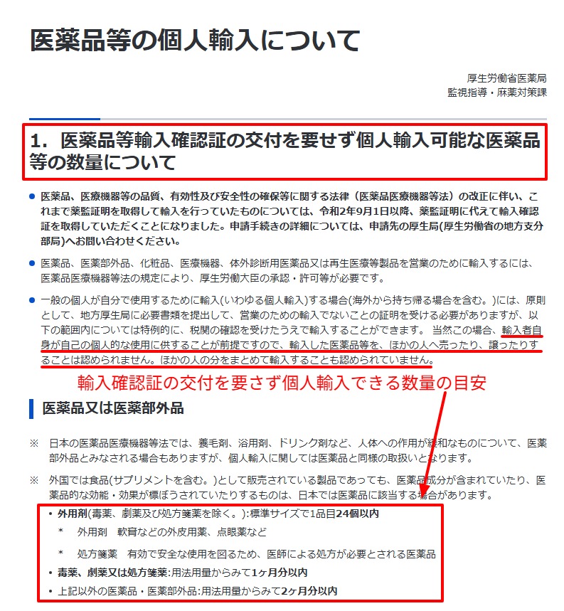 医薬品の個人輸入の数量と条件を示す厚労省ページ