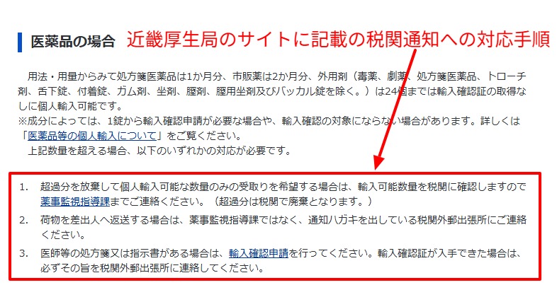 近畿厚生局の税関通知への対応手順の記載