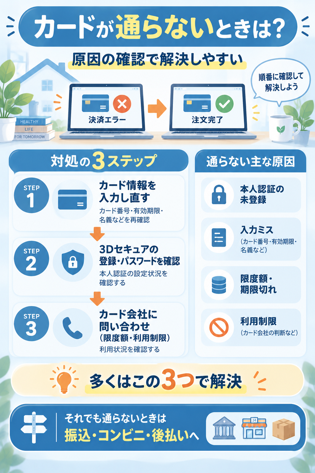 決済エラーの原因と対処3ステップを示すフロー図