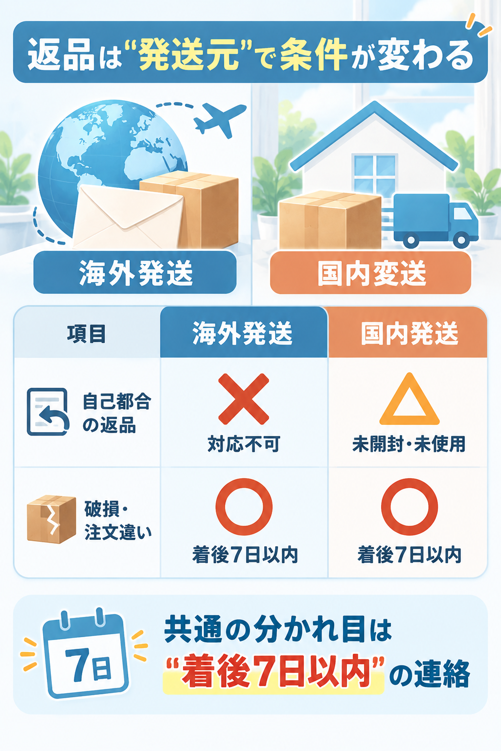 海外発送と国内発送の返品条件を比べた図解