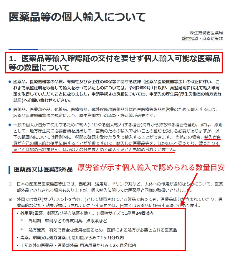 厚労省の個人輸入できる数量の目安を示す画面