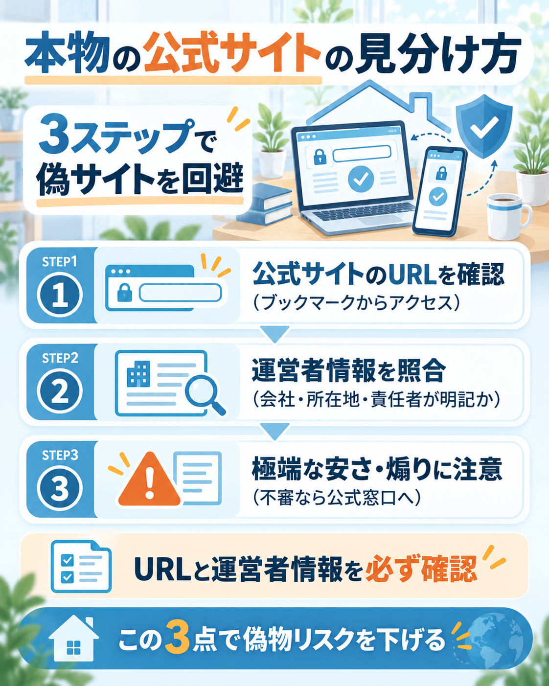 偽サイトを避ける公式の見分け方3ステップ