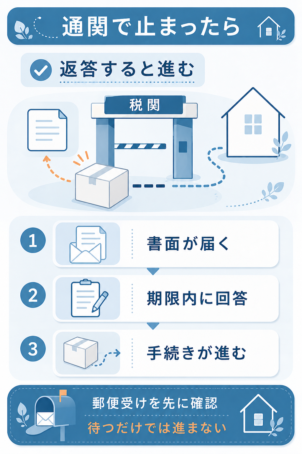 通関で止まった荷物への対応手順を示した図
