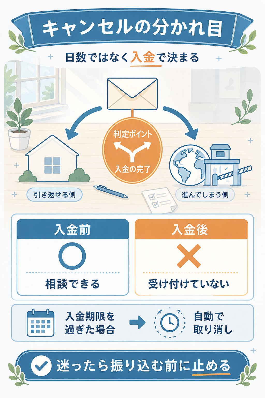 入金前と入金後でキャンセル可否が分かれる図解