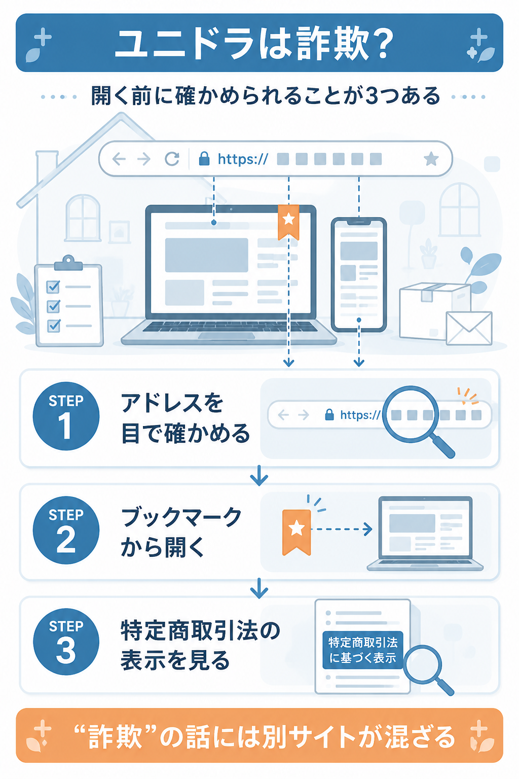 ユニドラの偽サイトを避ける三つの確認手順を並べたフロー図解