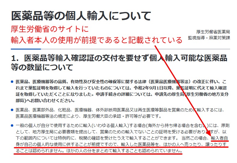 厚生労働省の個人輸入の説明ページの該当箇所